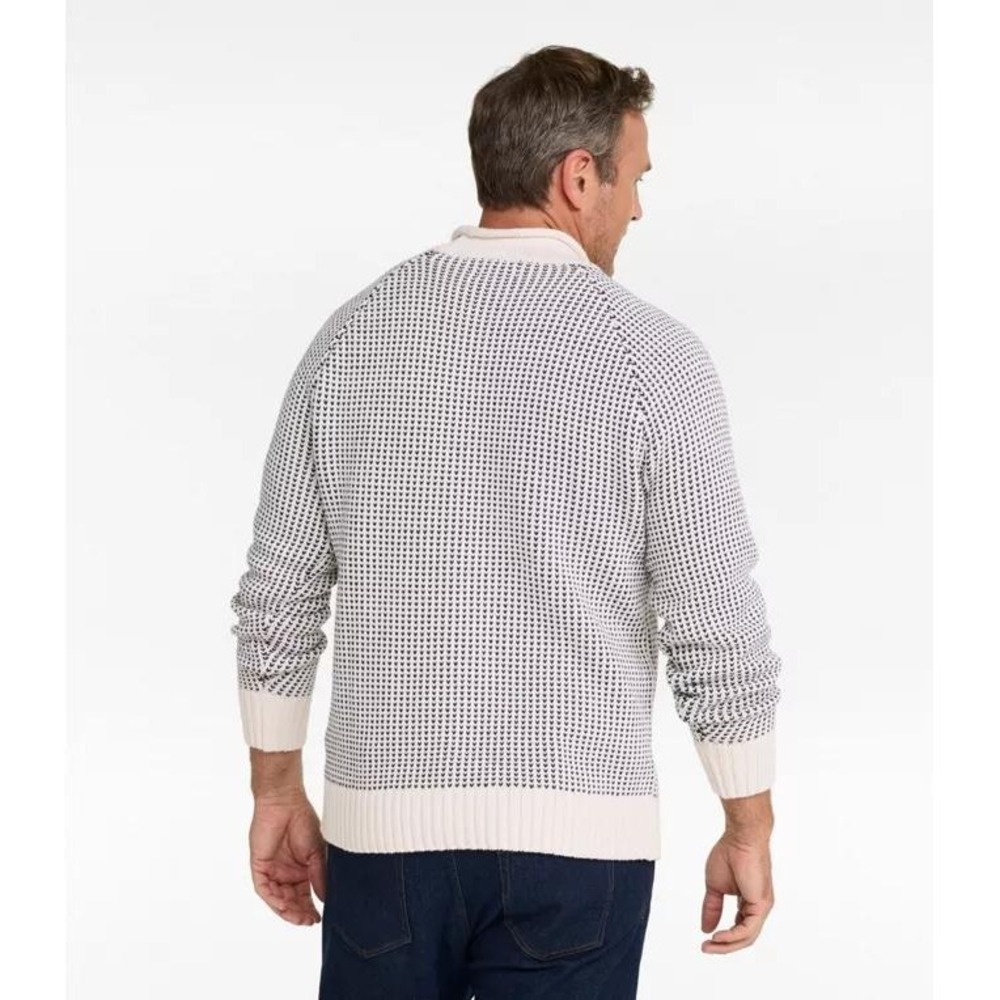 LL Bean Signature Organic Cotton Rollneck Sweater Mens Cream Navy Birdseye Knit - Picture 3 of 12